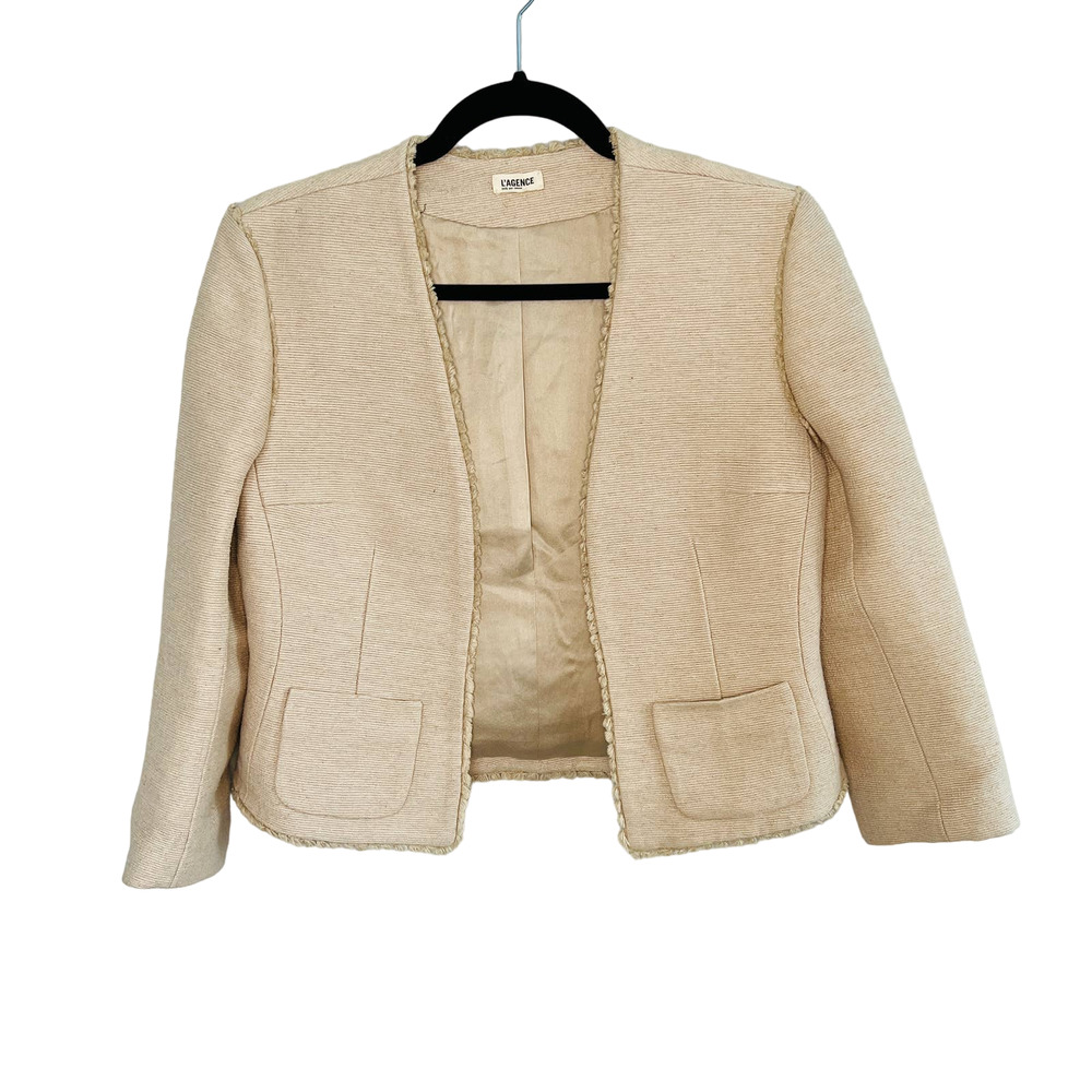 L'Agence Tweed Open Front Blazer Fringe Trim Linen Jacket Tan, Size 10